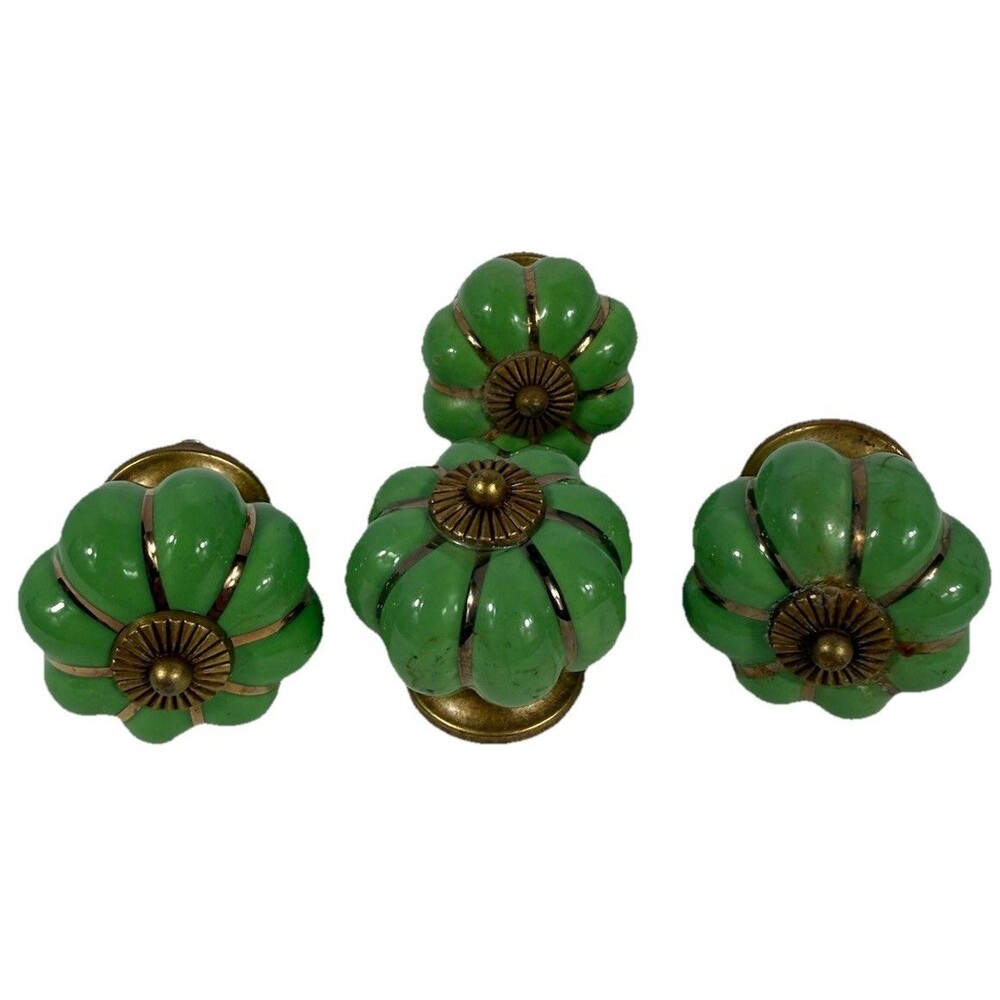 (4) Sage Green Melon Pumpkin Cabinet Drawer Knobs Pulls Green Glazed Gold Tone